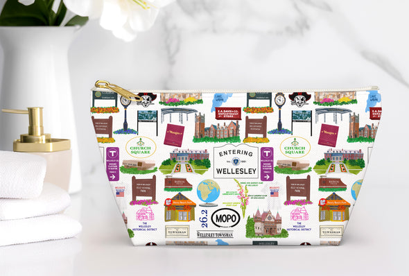 Large Wellesley, Massachusetts Watercolor Illustration Accessory Pouch