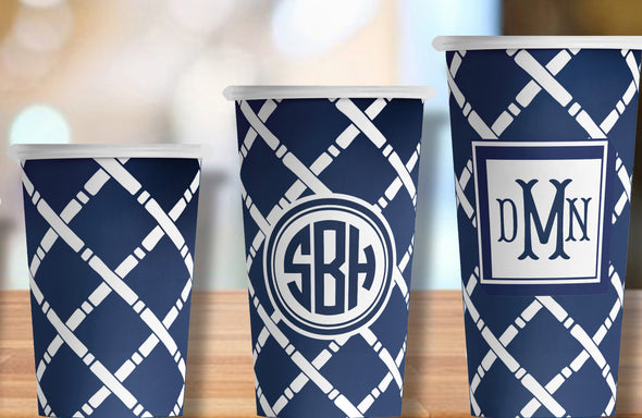Navy Bamboo Trellis Hot/Cold Paper Party Cups- Set of 12