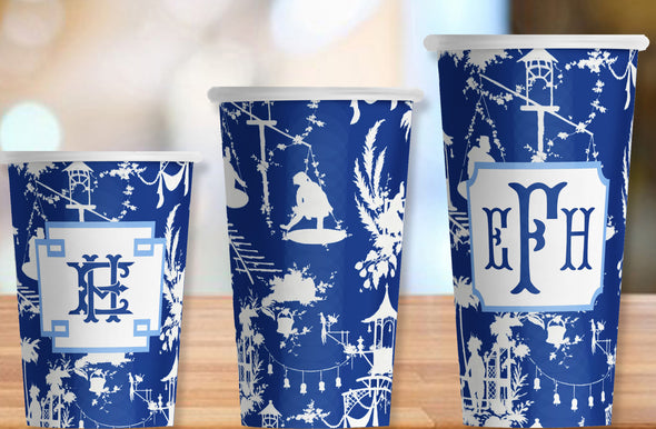 Blue Chinoiserie Print Hot/Cold Paper Party Cups - 3 sizes; personalized or plain - Set of 12
