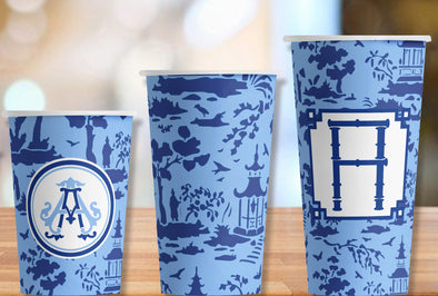 Pagoda Chinoiserie Blues Hot/Cold Paper Party Cups - 3 sizes; personalized or plain - Set of 12
