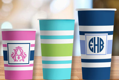 Ribbon Striped Personalized Paper Party Cups in 3 sizes - Set of 12