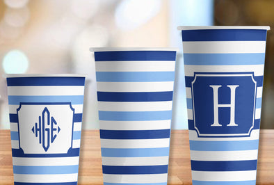 Blue Striped Paper Party Hot/Cold Cups in 4 sizes - Set of 12