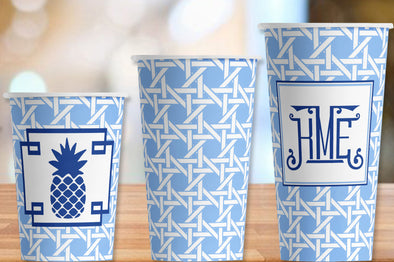 Light Blue Trellis Print Hot/Cold Paper Party Cups- Set of 12