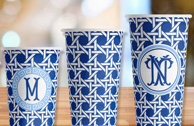 Navy Trellis Print Hot/Cold Paper Party Cups- Set of 12
