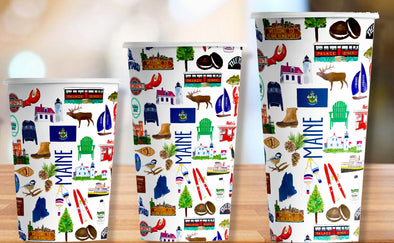 Iconic Maine Watercolor Hot/Cold Paper Party Cups - 3 sizes - Set of 12