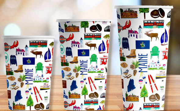 Iconic Maine Watercolor Hot/Cold Paper Party Cups - 3 sizes - Set of 12