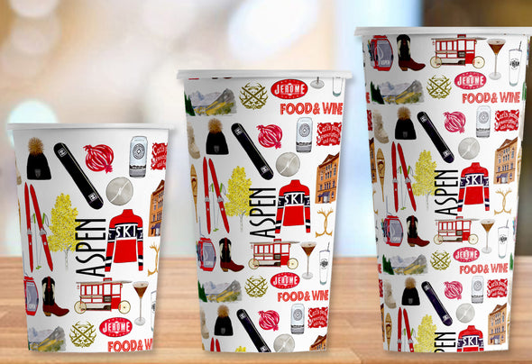 Iconic Aspen, Colorado Watercolor Hot/Cold Paper Party Cups - 3 sizes - Set of 12