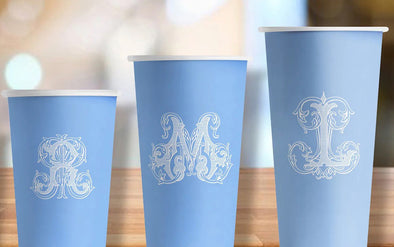 Blue Antique Single Monogram  Paper Party Cups - Set of 12