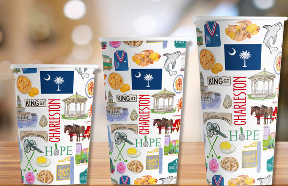 Iconic Charleston, SC Watercolor Hot/Cold Paper Party Cups - 3 sizes - Set of 12