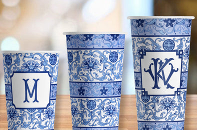 Blue Chinoiserie Hot/Cold Paper Party Cups - 3 sizes;  Set of 12