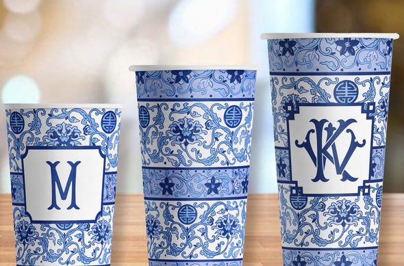 Blue Chinoiserie Hot/Cold Paper Party Cups - 3 sizes;  Set of 12