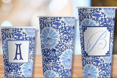 Blue Chinoiserie Flowers Hot/Cold Paper Party Cups - 3 sizes; personalized or plain - Set of 12