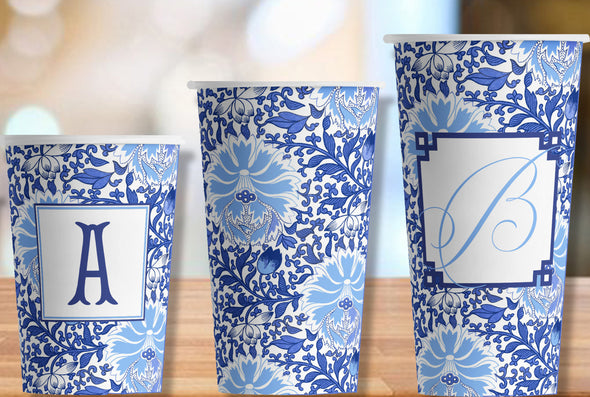 Blue Chinoiserie Flowers Hot/Cold Paper Party Cups - 3 sizes; personalized or plain - Set of 12