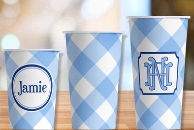 Light Blue Gingham Hot/Cold Paper Party Cups - 3 sizes; personalized or plain - Set of 12