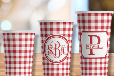 Red Gingham Paper Party Cups in 3 sizes - Set of 12