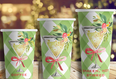 Watercolor Holiday Martini Hot/Cold Paper Party Cups; 3 sizes; Set of 12