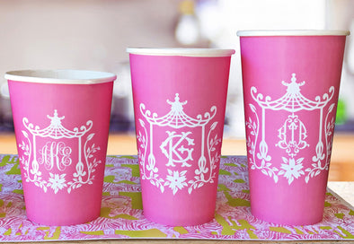 Hot Pink Pagoda Chinoiserie Monogram Paper Party Cups in 3 sizes - Set of 12