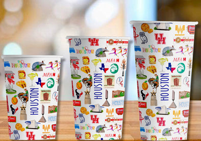 Iconic Houston, Texas Watercolor Hot/Cold Paper Party Cups - 3 sizes - Set of 12