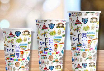 Iconic San Diego Watercolor Hot/Cold Paper Party Cups - 3 sizes - Set of 12