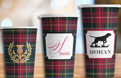 Stewart Black Tartan Plaid Hot/Cold Paper Party Cups - 3 sizes - Set of 12
