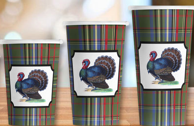 Olive Tartan Turkey Hot/Cold Paper Party Cups - Set of 12