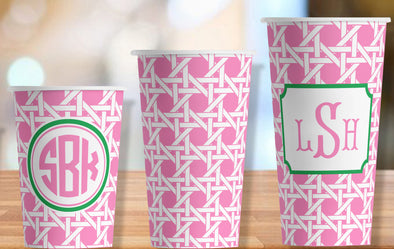Pink Cane Trellis Print Hot/Cold Paper Party Cups - 3 sizes; personalized or plain - Set of 12