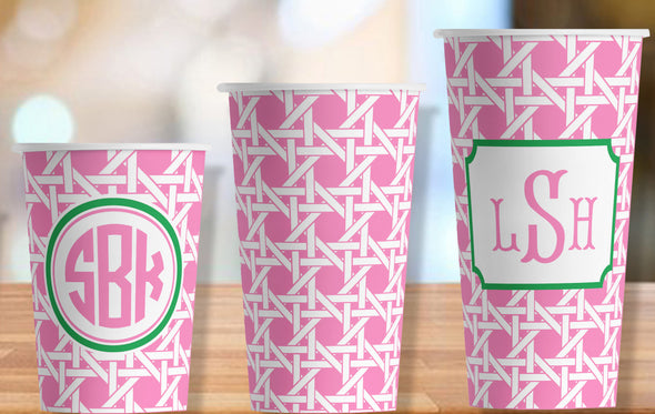 Pink Cane Trellis Print Hot/Cold Paper Party Cups - 3 sizes; personalized or plain - Set of 12