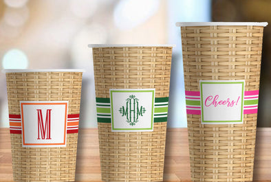 Wicker and Striped Personalized Paper Party Cups in 3 sizes - Set of 12