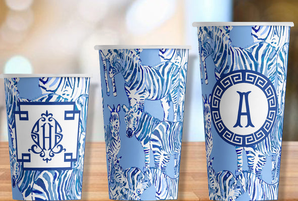 Zebra Chinoiserie Blues Hot/Cold Paper Party Cups -  3 sizes; Set of 12