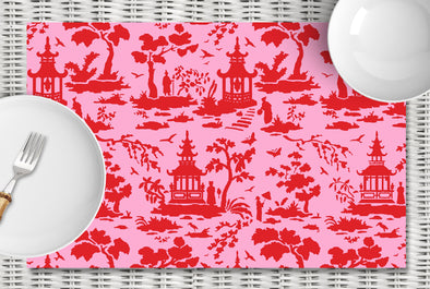 Disposable Pink and Red Chinoiserie Placemats - tear-away pad of 24