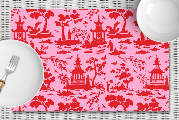 Disposable Pink and Red Chinoiserie Placemats - tear-away pad of 24