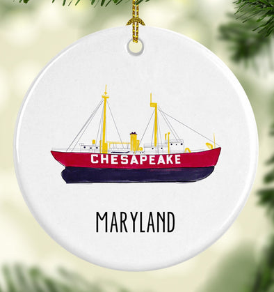 Iconic Maryland Chesapeake Lightship Porcelain Ornament