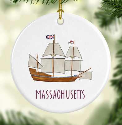 Iconic Massachusetts Mayflower Ship Round Porcelain Ornament