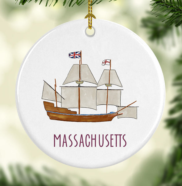 Iconic Massachusetts Mayflower Ship Round Porcelain Ornament