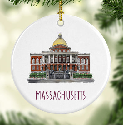 Iconic Massachusetts State House Round Porcelain Ornament