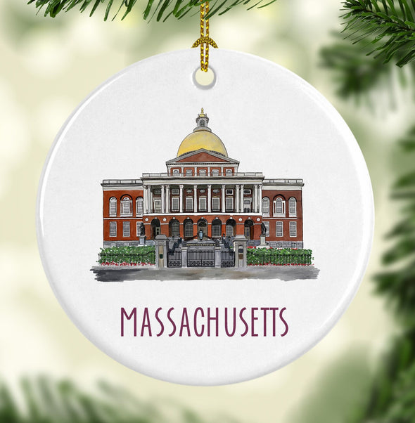 Iconic Massachusetts State House Round Porcelain Ornament