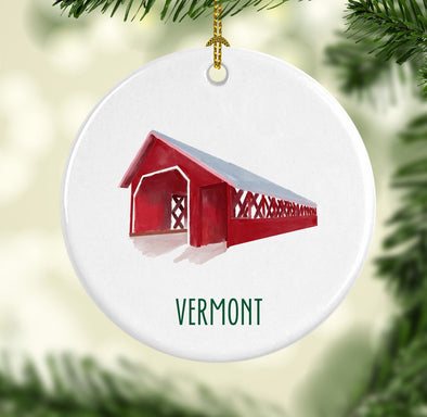 Iconic Vermont Covered Bridge Round Porcelain Ornament