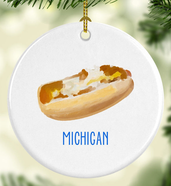Michigan Coney Island Hotdog Round Porcelain Ornament