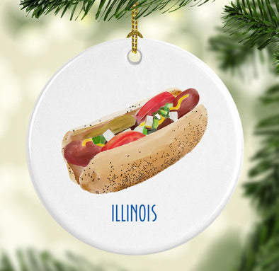 Chicago Hot Dog Round Porcelain Ornament