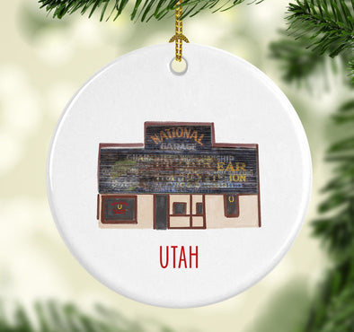 Iconic Utah National Garage Round Porcelain Ornament