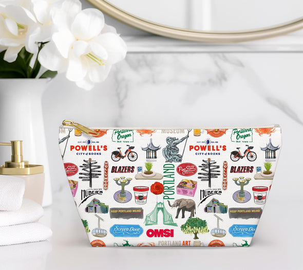 Large Portland Oregon Watercolor Illustration Accessory Pouch