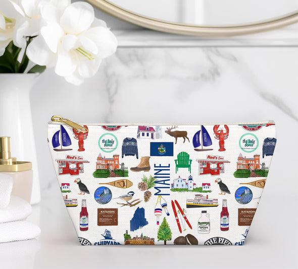Large Maine Watercolor Illustration Accessory Pouch