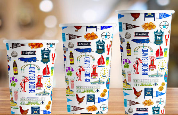 Iconic Rhode Island Watercolor Hot/Cold Paper Party Cups - 3 sizes - Set of 12