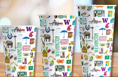 Iconic Washington State Watercolor Hot/Cold Paper Party Cups - 3 sizes - Set of 12