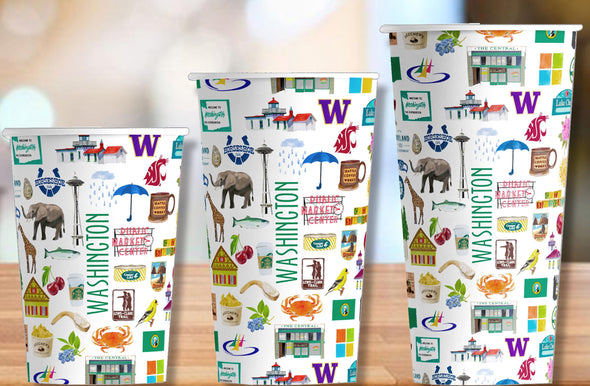 Iconic Washington State Watercolor Hot/Cold Paper Party Cups - 3 sizes - Set of 12