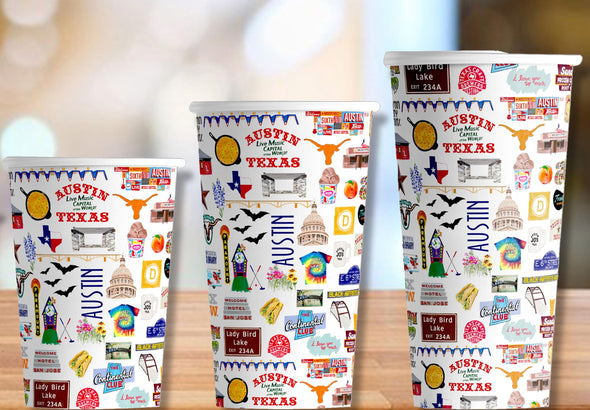 Iconic Austin, Texas Hot/Cold Paper Party Cups - 3 sizes - Set of 12