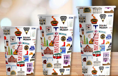 Iconic Nashville Tennessee Watercolor Hot/Cold Paper Party Cups - 3 sizes - Set of 12