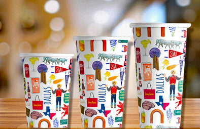 Iconic Dallas Texas Watercolor Hot/Cold Paper Party Cups - 3 sizes - Set of 12