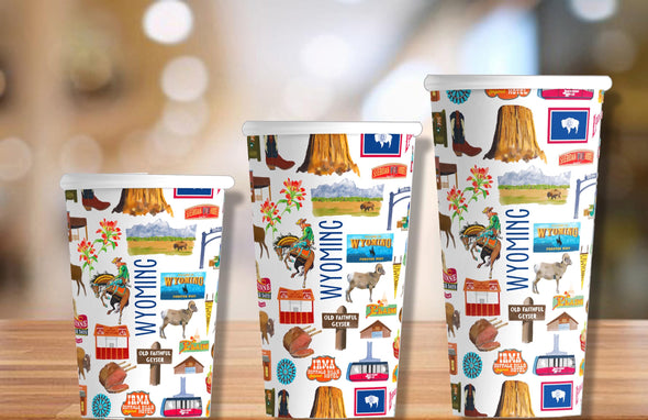 Iconic Wyoming Watercolor Hot/Cold Paper Party Cups - 3 sizes - Set of 12