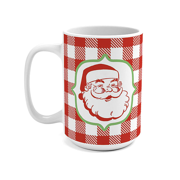 15 oz. Red and White Buffalo Plaid Vintage Santa Mug